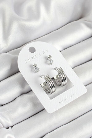 Pirinç Zirkon Taş Ve Halka Figürlü Gümüş Renk 3'lü Çift Kadın Küpe Set