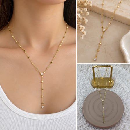 💎 Premium Parlak ve Şık ​Taş Detaylı Sallantılı Gold Renk Y Model Kadın Çelik Kolye (45 cm)