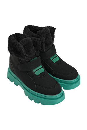 Kaymaz Kalın Taban Kürklü Cırtlı Çocuk Bot SİYAH - YEŞİL