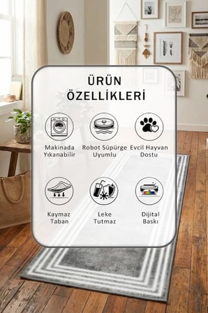 Yıkanabilir Kaymaz Tarbe Beyaz Dijital Baskılı Yolluk Halı Tüy Tutmaz Beyaz