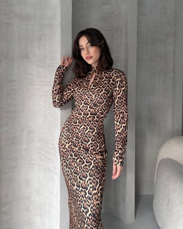 Öpücük Yaka Maxi Boy Desenli Elbise - KAHVERENGİ - XL