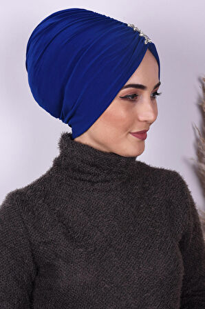 Taşlı Büzgülü Bone Saks mavisi - Saks