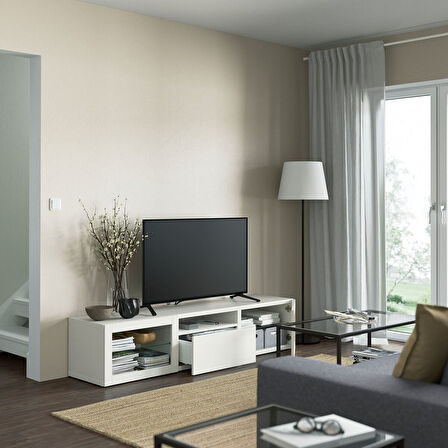 Tv sehpası, beyaz-şeffaf cam, 180x42x39 cm, LAPPVIKEN/SINDVIK, fren raylı