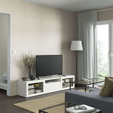 Tv sehpası, beyaz-şeffaf cam, 180x42x39 cm, LAPPVIKEN/SINDVIK, fren raylı