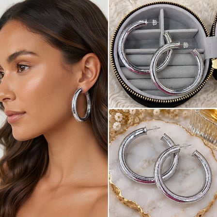 💎 Premium Parlak ve Şık Kalın Gümüş Renk 316L Çelik Halka Kadın Küpe