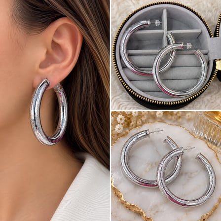 💎 Premium Parlak ve Şık Kalın Gümüş Renk 316L Çelik Halka Kadın Küpe