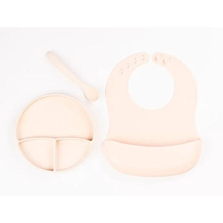 Krem Rengi 3’lü Silikon Yemek Seti – Önlük + Diş Kaşıyıcılı Kaşık + Vakumlu Tabak