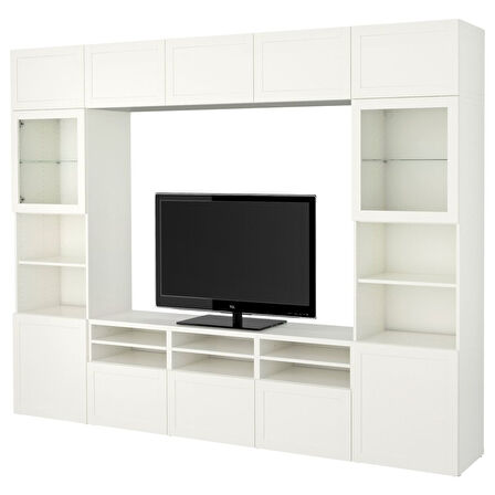 Tv ünitesi, beyaz-şeffaf cam, 300x42x231 cm, HANVIKEN/SINDVIK, fren raylı