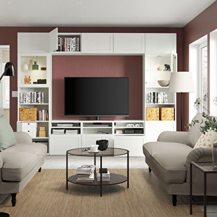 Tv ünitesi, beyaz-şeffaf cam, 300x42x231 cm, HANVIKEN/SINDVIK, fren raylı
