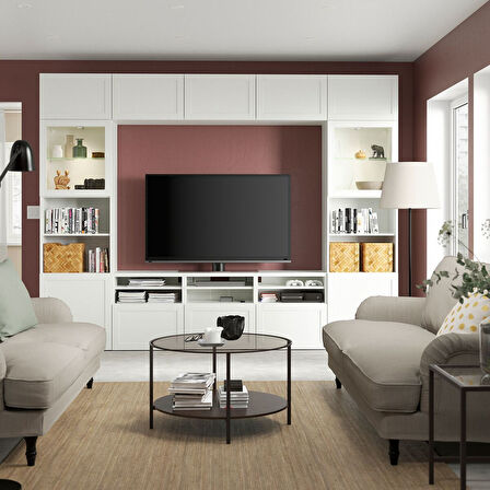Tv ünitesi, beyaz-şeffaf cam, 300x42x231 cm, HANVIKEN/SINDVIK, fren raylı