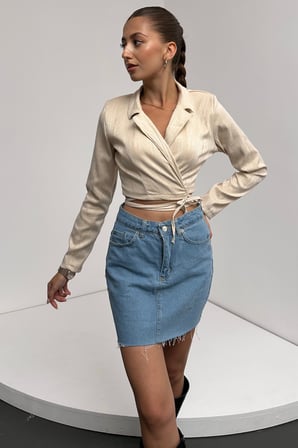 Gömlek Yaka Beli Bağlamalı Crop Bluz - KREM - S
