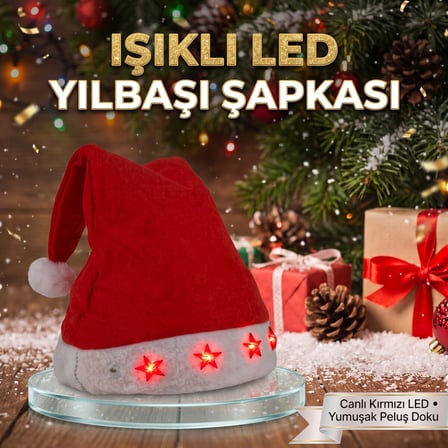 Işıklı LED Yılbaşı Şapkası - Yıldız Detaylı Canlı Kırmızı LED Peluş Noel Baba Şapkası