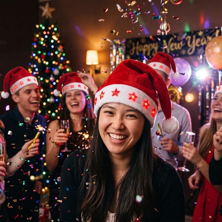 Işıklı LED Yılbaşı Şapkası - Yıldız Detaylı Canlı Kırmızı LED Peluş Noel Baba Şapkası