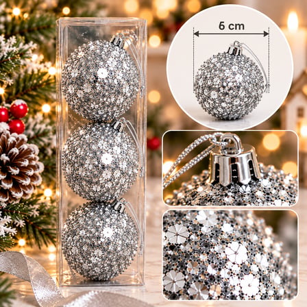 3'lü Lüks Yılbaşı Ağacı Top Süsü Seti (6 cm) - İp Dokulu & Işıltılı Süsleme Topları (Beyaz, Gold, Gümüş, Kırmızı)