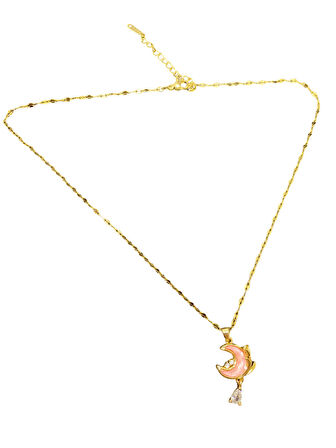 Altın Renk Parlak ve Şık Pembe Mine Taş 316L Çelik VIP Ay Model Kadın Kolye - Göz Alıcı Şık Tasarım