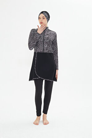 Kadın Tam Kapalı Tesettür Mayo 4 Parça – Desenli – SİYAH-XL