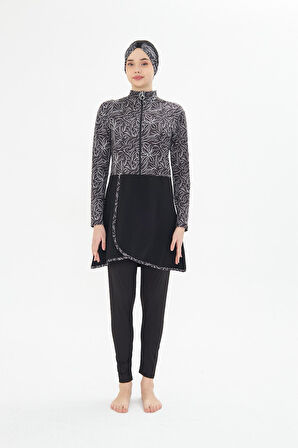 Kadın Tam Kapalı Tesettür Mayo 4 Parça – Desenli – SİYAH-XL