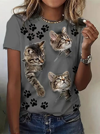 Kadın Kısa Kollu Kedi Ve Pati Baskılı Süprem T-shirt