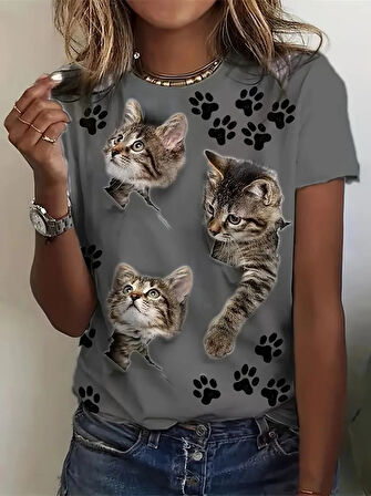 Kadın Kısa Kollu Kedi Ve Pati Baskılı Süprem T-shirt