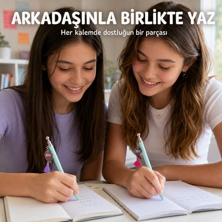 Dolphin Mıknatıslı BFF En İyi Arkadaş 2'li Tükenmez Kalem Seti - Püsküllü Kalp Charm Kalem