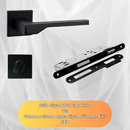 Stilo Siyah Kare Rozetli WC Kapı Kolu ve 40X23mm Siyah WC Gömme Kilit Set