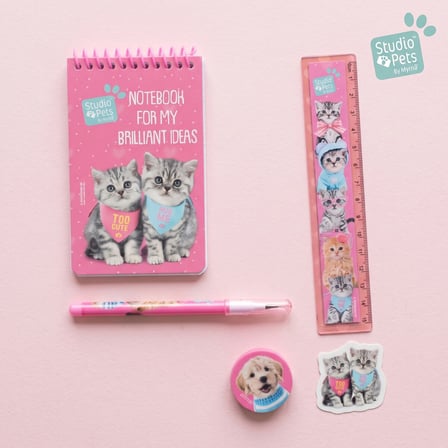 BakGelAl Studio Pets 5 Parça Kırtasiye Seti Kedi Köpek Desenli Defter Kalem Cetvel Silgi Okul Seti