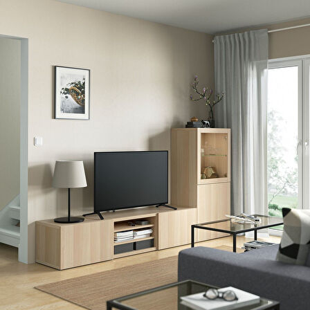 Tv ünitesi, ağartılmış meşe görünümlü-beyaz meşe görünümlü-şeffaf cam, 240x42x129 cm, LAPPVIKEN/SINDVIK, çıt çıt raylı