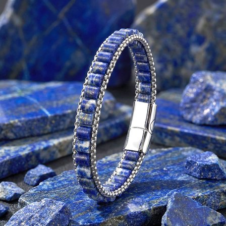 💎 Premium Lapis Doğal Taşlı Hasır Örgü Zincirli Erkek Çelik Bileklik 31832B28D17 - 21 cm