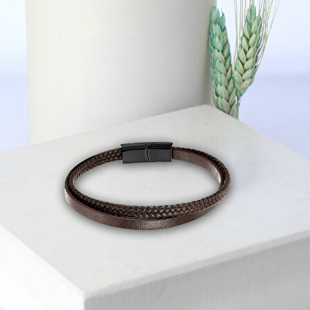  FM Kahverengi Deri Ve Saç Örgü İkili Çoklu Çelik Bileklik 31833B12D2 