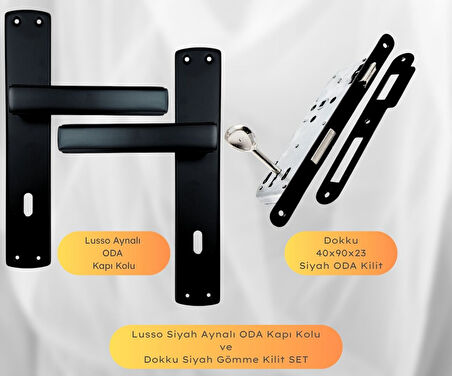 Lusso Siyah Aynalı Oda Kapı Kolu ve 40X23mm Siyah Oda Gömme Kilit Set