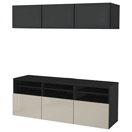 Tv ünitesi, venge-parlak cila-bej-füme cam, 180x42x192 cm, SELSVIKEN/GLASSVIK, çıt çıt raylı