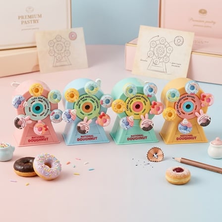 BakGelAl Donut Figürlü Kollu Masaüstü Kalemtıraş - Dönme Dolap Tasarımlı Hazneli Çevirmeli Kalem Açacak