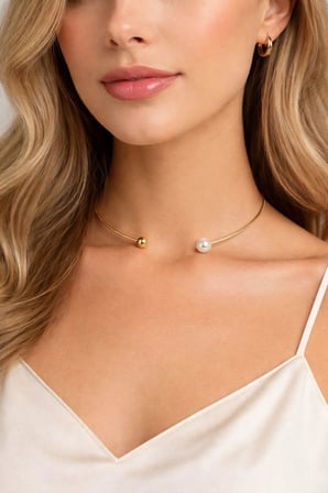 💎 Premium Parlak ve Şık Gold Renk & Model İnci Detaylı Minimal Boyunluk Kadın Çelik Kolye (40 cm)