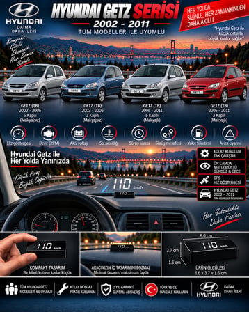 Hyundai Getz 2002-2011 modeller için head up display hayalet gösterge ekranı ön cam hız göstergesi
