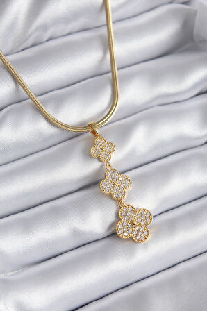 316L Çelik Gold Renk İtalyan Zincir Zirkon Taşlı Yonca Model Kadın Kolye - Lisinya