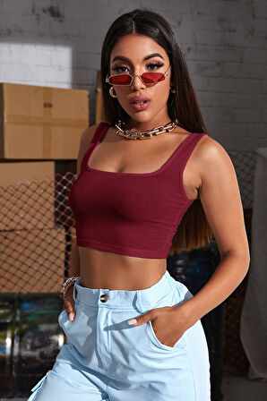 Kadın Bordo Kalın Askılı Crop Top Büstiyer - Bordo - L