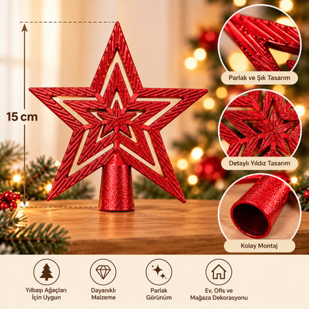 Yılbaşı Çam Ağacı Tepeliği 15 cm - İç İçe Yıldız Tasarımlı Parlak Kırmızı Ağaç Tepe Süsü