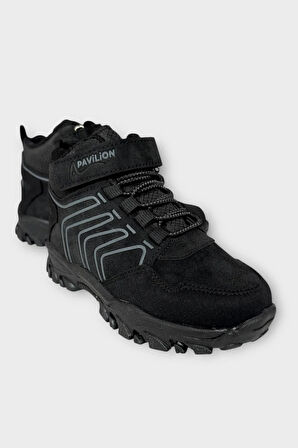 Çocuk Cırtlı Bağcık Detaylı Su ve Soğuk Geçirmez Bot SİYAH - FÜME