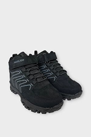 Çocuk Cırtlı Bağcık Detaylı Su ve Soğuk Geçirmez Bot SİYAH - FÜME