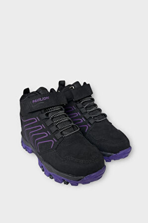 Çocuk Cırtlı Bağcık Detaylı Su ve Soğuk Geçirmez Bot SİYAH - MOR