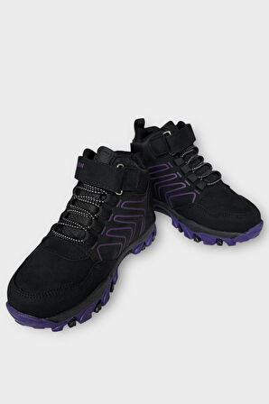 Çocuk Cırtlı Bağcık Detaylı Su ve Soğuk Geçirmez Bot SİYAH - MOR