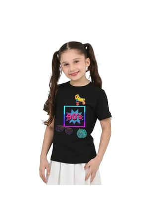 Unisex 90'Lar Temalı Baskılı Pamuklu Basic T-Shirt — Siyah
