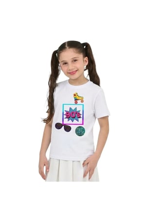 Unisex 90'Lar Temalı Baskılı Pamuklu Basic T-Shirt — Beyaz