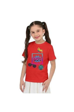 Unisex 90'Lar Temalı Baskılı Pamuklu Basic T-Shirt — Kırmızı