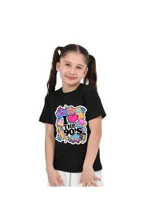 Unisex 90'Lar Temalı Baskılı Pamuklu Basic T-Shirt — SİYAH