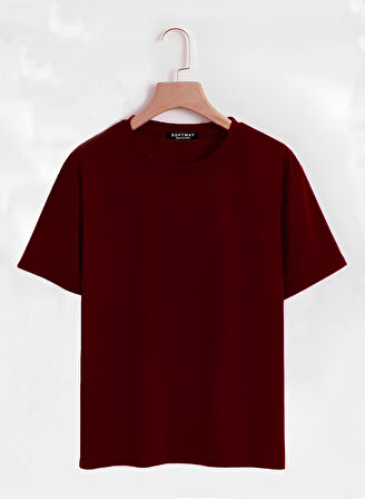 Unisex Oversize Bisiklet Yaka Düz Basic T-Shirt - BORDO
