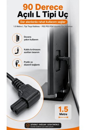 1.5 Metre L Tipi Teyp Kablosu PS2 PS3 PS4 Uyumlu Güç Kablosu 2 Pin Işıldak Radyo Yazıcı Besleme Kablosu Kalın Bakır Damarlı Elektrik Kablosu İki Delikli Playstation Konsol Şarj Kablosu Power
