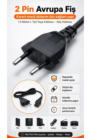 1.5 Metre L Tipi Teyp Kablosu PS2 PS3 PS4 Uyumlu Güç Kablosu 2 Pin Işıldak Radyo Yazıcı Besleme Kablosu Kalın Bakır Damarlı Elektrik Kablosu İki Delikli Playstation Konsol Şarj Kablosu Power