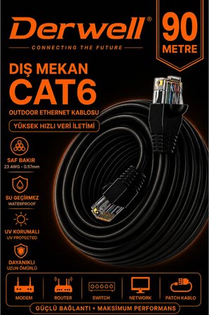 90 METRE CAT6 Dış Mekan Outdoor Ethernet Kablosu 23 AWG 0.57mm Kalın Saf Bakır İnternet Ağ Kablosu Yüksek Hızlı Veri İletimi Su Geçirmez UV Korumalı Dayanıklı Siyah Modem Router Switch Patch Kablo