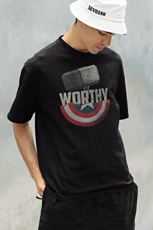 Worthy Kaptan Amerika Kalkan Baskılı Unisex Tişört, Oversize Thor Çekiç Baskılı Tişört